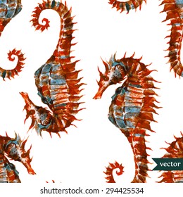 watercolor vector seamless pattern red sea seahorse, retro wallpaper, marine life