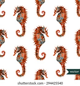 watercolor vector seamless pattern red sea seahorse, retro wallpapers