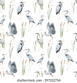 Watercolor Vector Seamless Pattern With Reeds And Herons, Storks, Bird