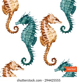 watercolor vector seamless pattern sea seahorse, retro wallpapers