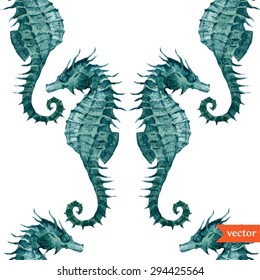 watercolor vector seamless pattern of sea blue sea horse, retro wallpapers