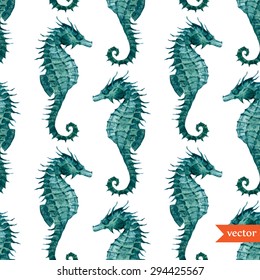 watercolor vector seamless pattern of sea blue sea horse, retro wallpaper, marine life