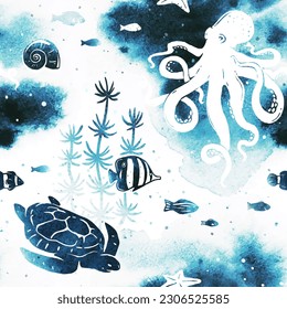 Watercolor vector seamless pattern with silhouette ocean bottom,octopus, turtle, fish, seaweed, sea shells. All elements, textures are individual objects. Textile print, page fill, wrapping paper, web