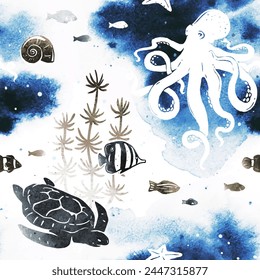 Watercolor vector seamless pattern with silhouette ocean bottom,octopus, turtle, fish, seaweed, sea shells. All elements, textures are individual objects. Textile print, page fill, wrapping paper, web