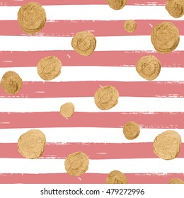 Watercolor vector seamless pattern with stripes and golden confetti. Dye striped background. Allover striped background for wallpapers and clothing.