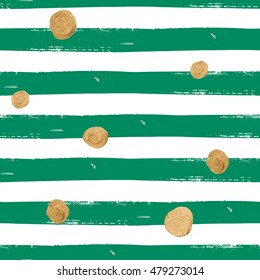 Watercolor vector seamless pattern with stripes and golden confetti. Dye striped background. Allover striped background for wallpapers and clothing.