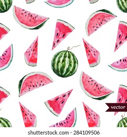 watercolor vector seamless pattern of watermelon, watermelon wedges, beautiful colorful background