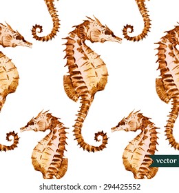 watercolor vector seamless vintage pattern sea seahorse, retro wallpaper