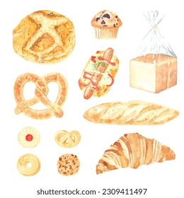 Watercolor vector set of bakery. Buns, baguettes, bread, pastries, muffin, sausage bread, cookies, croissant, bread loaf and other baked goods. Vintage watercolor concept for cafe and pastry.