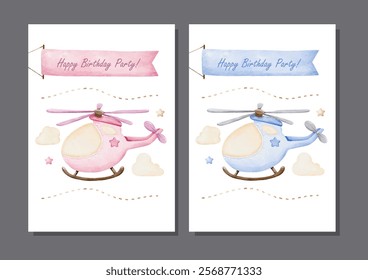 Watercolor Vector set of Blue and Pink Helicopters for Invitation Card Template Design