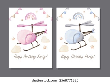 Watercolor Vector set of Blue and Pink Helicopters for Invitation Card Template Design