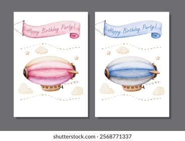 Watercolor Vector set of Blue and Pink Zeppelin Blimp Airship for Invitation Card Template Design