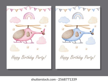 Watercolor Vector set of Blue and Pink Helicopters for Invitation Card Template Design