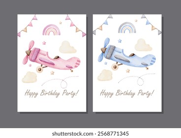 Watercolor Vector set of Blue and Pink Vintage Airplanes for Invitation Card Template Design