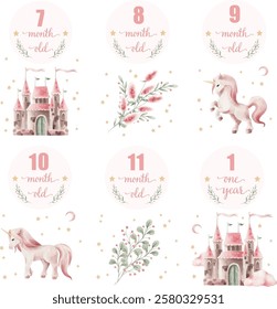 Watercolor vector set of card for photo shoot for newborn girls.