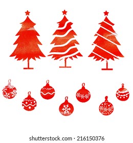 watercolor vector set of Christmas trees and Christmas decorations in red