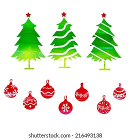 watercolor vector set of Christmas trees and Christmas decorations