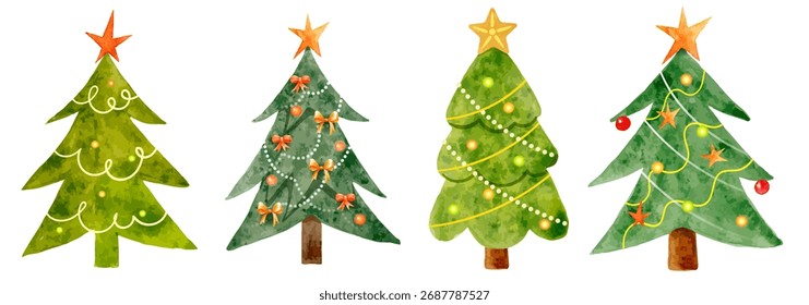 Conjunto de Vector de acuarela de árboles de Navidad con estrellas, guirnaldas y decoraciones. Ilustración festiva de vacaciones pintada a mano en tonos verdes y dorados.