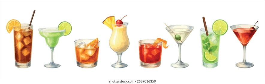 Watercolor vector set of classic cocktails including Margarita, Mojito, Martini, and more. Vectors isolated on white background. 