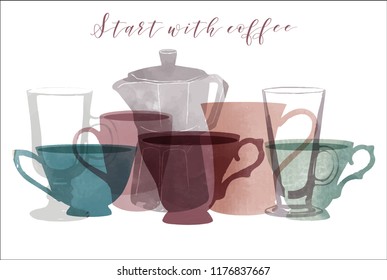 Watercolor vector set of coffee. 