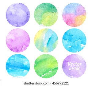 Watercolor vector set colorful hand drawn paper grain texture isolated round spots on white background for text design, web. Abstract brush paint circle shape elements for scrapbook, print, template