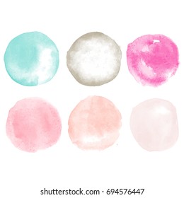 Watercolor vector set colorful hand drawn isolated round spots on white background for text design, web. Abstract brush paint circle shape elements for scrapbook, print, template