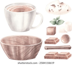 Watercolor vector set of cup with hot chocolate and choco sweets.