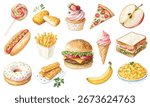 Watercolor vector set of fast food and sweets: burger, pizza, fries, donut, cupcake, ice cream, hot dog, sandwich, and more. Isolated on transparent background for creative projects.