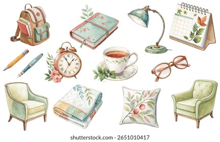 Watercolor vector set featuring armchairs, decorative pillows, planners, tea cup, lamp, backpack, glasses, clock, pencils, and a calendar. Perfect for cozy home, office, or planner design projects.