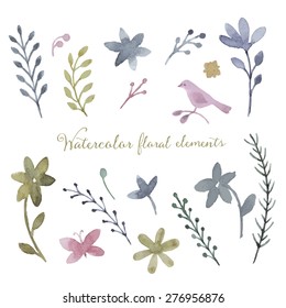Watercolor vector set of flowers and leaves for greeting cards , invitations, weddings, greeting cards, design elements.