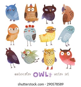 Watercolor vector set. Funny owls