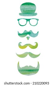  watercolor vector set of glasses and beards in green