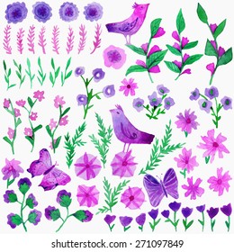  Watercolor vector set with leaves, flowers, birds and butterflys. Hand drawn plant. Spring or summer design for invitation and greeting cards.