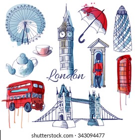 Watercolor vector set of London landmark