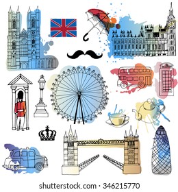 Watercolor vector set of London landmark