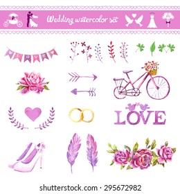 Watercolor Vector Set. Love Design Elements Isolated. Save The Date Card. Wedding Invitation Card Template. Wedding Set, Hearts, Wreaths, Ribbons, Cake, Shoes, Ring, Bicycle, Arrows, Flower, And Feathers.