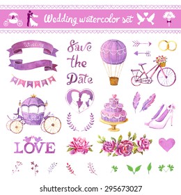 Watercolor Vector Set. Love Design Elements Isolated. Save The Date Card. Wedding Invitation Card Template. Wedding Set, Hearts, Wreaths, Ribbons, Cake, Coach, Balloon, Ring, Bicycle And Labels.