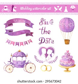 Watercolor vector set. Love design elements isolated. Save the date card. Wedding invitation card template. Wedding set, hearts, wreaths, ribbons, cake, coach, balloon, and rings.