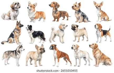 Watercolor vector set of popular dog breeds: corgi, husky, pug, beagle, labrador, dachshund, chihuahua, and more. Realistic hand-drawn pet illustrations for design and print.