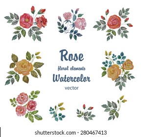 Watercolor Vector Set with Roses Branches for Decoration.