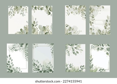 Watercolor vector set wedding invitation card template design with green eucalyptus leaves.