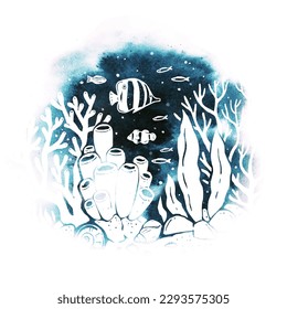 Watercolor vector silhouette of fish, seaweed and coral under the sea. Silhouette ocean bottom. Illustration with underwater nature. For poster, postcard, print, banner