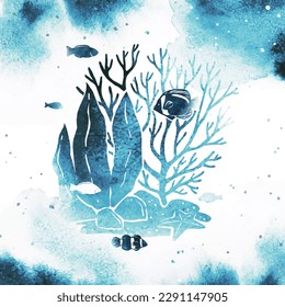 Watercolor vector silhouette of fish, starfish and seaweed. Seascape hand drawn illustration with splashes. Marine underwater life. Underwater plants and fish for aquarium