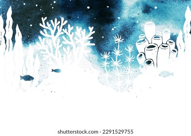 Watercolor vector silhouette of fish, starfish and seaweed. Seascape hand drawn illustration with splashes. Marine underwater life. Underwater plants and fish for aquarium