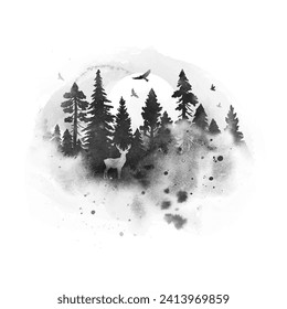 Watercolor vector silhouette of foggy coniferous forest with deer and birds in gray colors. Nature hand drawn illustration with splashes