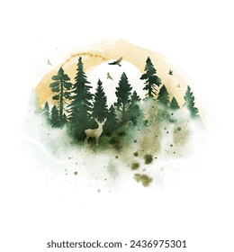 Watercolor vector silhouette of foggy coniferous forest with deer and birds in gray colors. Nature hand drawn illustration with splashes