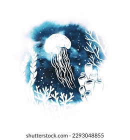 Watercolor vector silhouette of a jellyfish, seaweed and coral under the sea. Silhouette ocean bottom. Illustration with underwater nature. For poster, postcard, banner, print