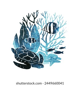 Watercolor vector silhouette of turtle, fish, starfish and seaweed. Seascape blue hand drawn illustration with splashes for flyer, print, ad, cover, banner. Underwater life for aquarium