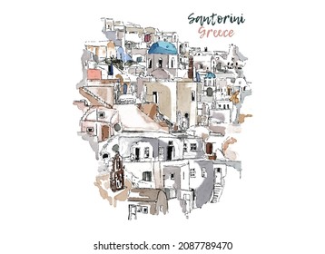 Esbozo de tinta simple Vector acuarela de Santorini City view, Grecia. Viajando griego. Esbozo urbano simple para postales, logos o banners.