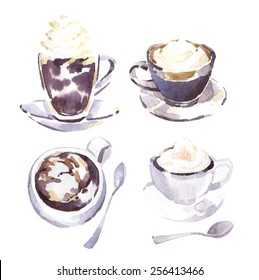 Watercolor vector sketch of coffee cups